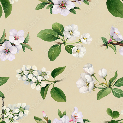 Watercolor spring flowers. Hand painted blooming trees. Seamless pattern