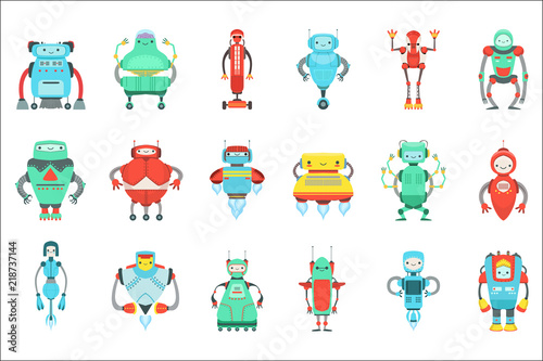 Different Cute Fantastic Robots Characters Set. Bright Color Childish Cartoon Design Androids