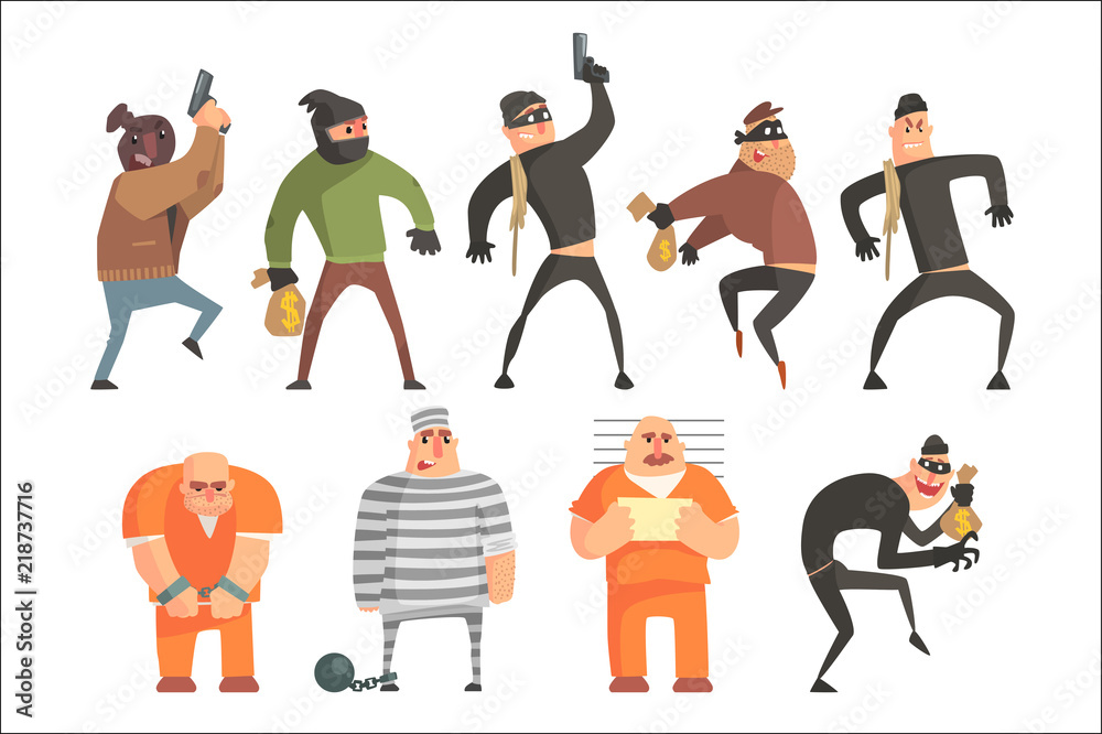 Criminals And Convicts Funny Characters Set. Cartoon Fun Style Vector