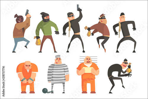 Criminals And Convicts Funny Characters Set. Cartoon Fun Style Vector Illustrations Isolated