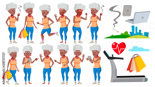 Old Woman Poses Set Vector. Black. Afro American. Elderly People. Senior Person. Aged. Funny Pensioner. Leisure. Postcard, Announcement, Cover Design. Isolated Cartoon Illustration