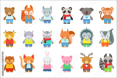 Fototapeta Naklejka Na Ścianę i Meble -  Toy Kids Animals In Clothes Characters Set. Cute Cartoon Childish Style Illustrations Isolated