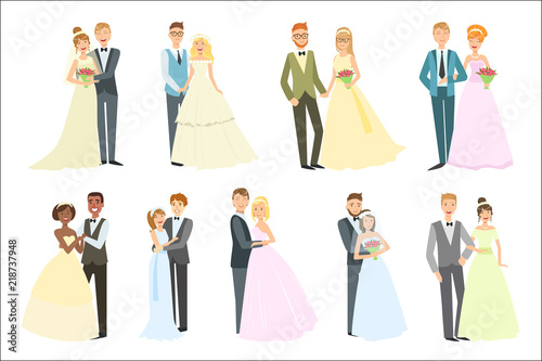Couples Posing Together On Wedding Day Bright Color Cartoon Simple Style Flat Vector Set photo
