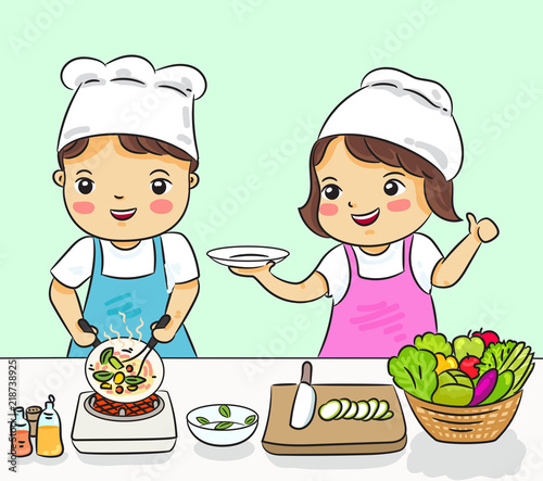 boy and girl cooking healthy food vector illustration