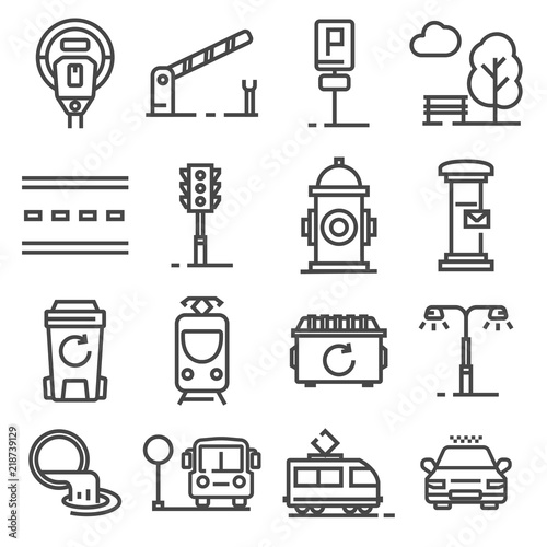 Vector gray line city amenities icons set