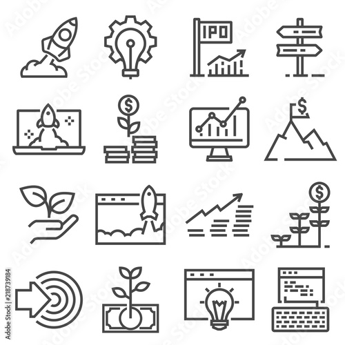 Vector gray linear startup icons set. Startup basic UI elements set