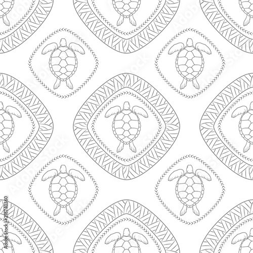 Seamless pattern with turtle and polynesian symbols. Vector illustration.