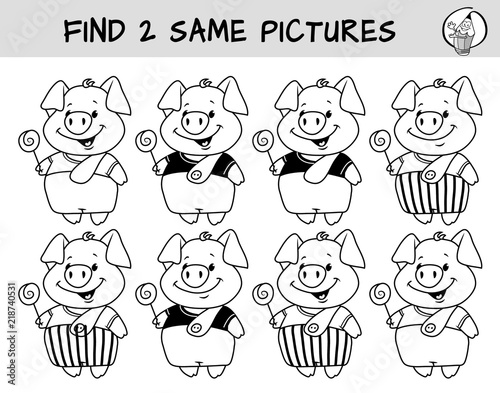 Funny little pig with lollipop. Find two same pictures. Educational matching game for children. Black and white cartoon vector illustration