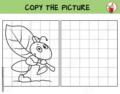 Funny ant is carrying a leaf. Copy the picture. Coloring book. Educational game for children. Cartoon vector illustration