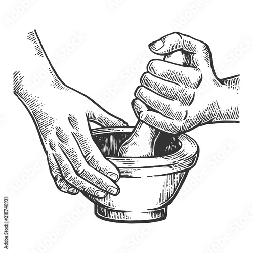 Mortar and pestle engraving vector illustration