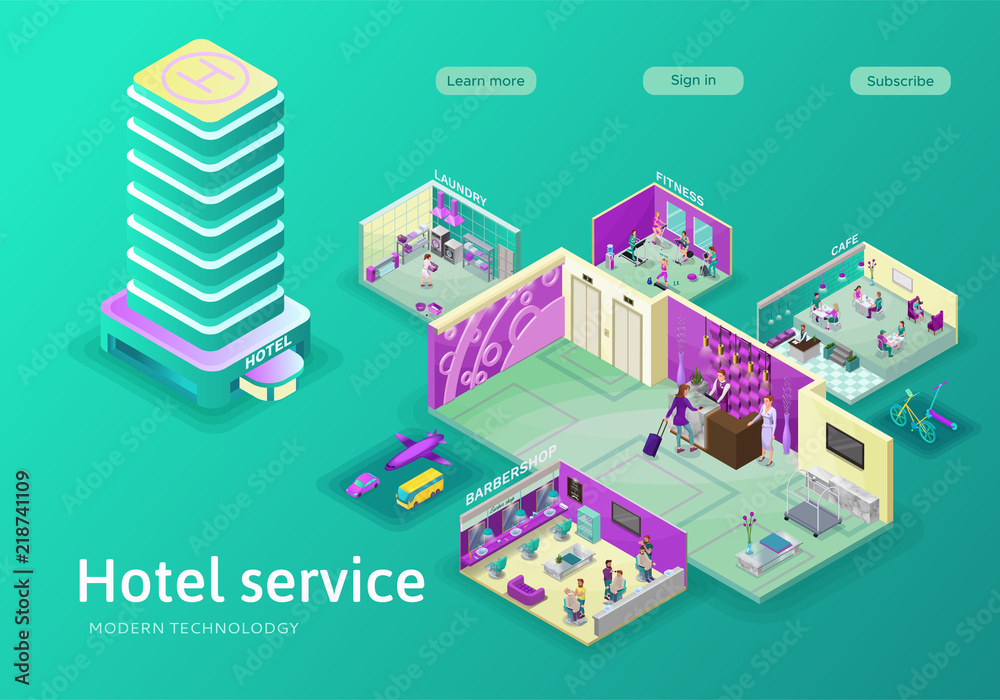 Hotel internet landing page template with isometric flat icon of building, barbershop, cafe, laundry, transportation service, bike rent, online booking app concept, 3d vector illustration Hotel internet landing page template with isometric flat icon of building, barbershop, cafe, laundry, transportation service, bike rent, online booking app concept, 3d vector illustration