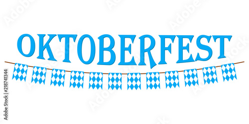 Oktoberfest banner with blue bunting and festive flags. Beer festival lettering typography with checkered flags. Oktoberfest logo, flyer, sticker design element. Vector illustration.