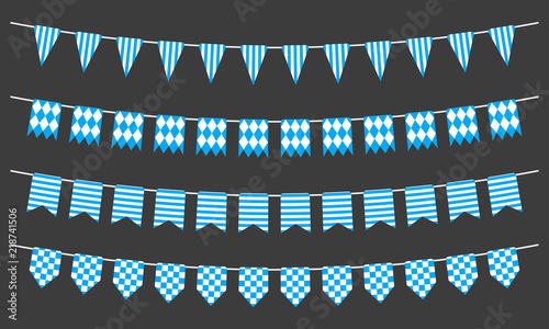 Bunting and garland set. Blue festive flags. Decoration elements for celebrate, party or festival design. Vector illustration. 
