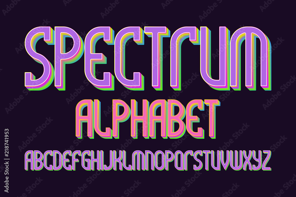 Spectrum alphabet. Iridescent colorful font. Isolated english alphabet.