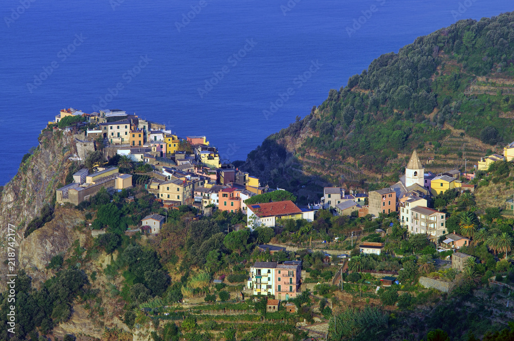 the old fishing villafe of Corniglia from Cinque Terre, Italy sea coast.