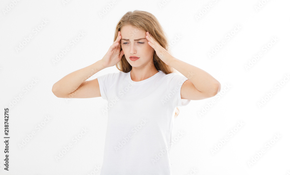 Stressed Exhausted caucasian Woman Having Strong Tension Headache. Portrait Of Sick Girl Suffering From Head Migraine, Feeling Pressure And Stress. Pain and health. Copy space. Stressed Exhausted caucasian Woman Having Strong Tension Headache. Portrait Of Sick Girl Suffering From Head Migraine, Feeling Pressure And Stress. Pain and health. Copy space.