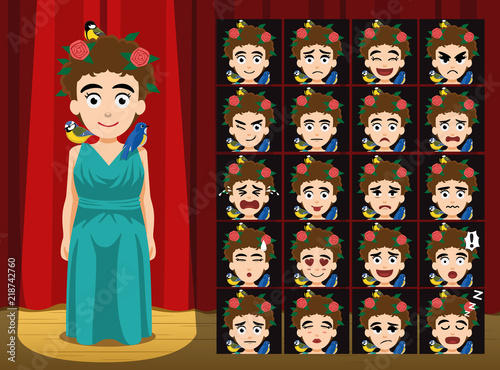 Greek Gods Persophone Costume Cartoon Emotion faces Vector Illustration