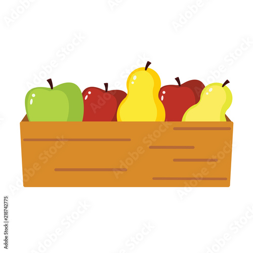 Apple harvest isolated illustration on the white background. The box with ripe apples and pears. Piking red and green apple, yellow and green pear.
