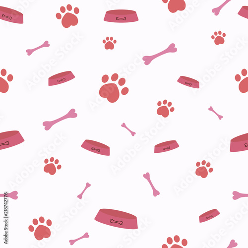 Seamless vector pattern with cartoon bones, bowls and dog or cat paws. Cute modern pattern with pink elements on the light pink background. Nice pet background for cover, web, textile and poster