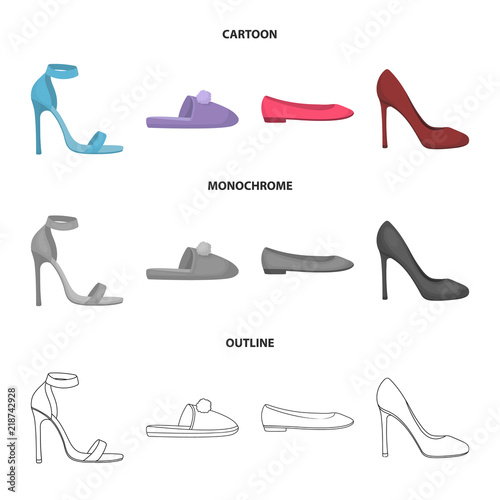 Blue high-heeled sandals, homemade lilac slippers with a pampon, pink women ballet flats, brown high-heeled shoes. Shoes set collection icons in cartoon,outline,monochrome style vector symbol stock