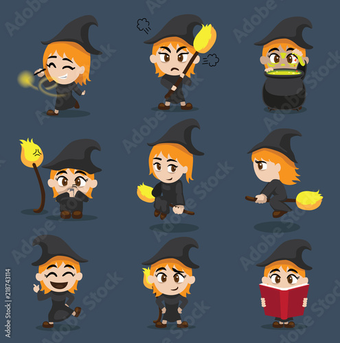 Halloween Character Big Head Poses Little Witch