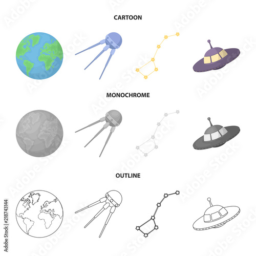 Planet Earth with continents and oceans, flying satellite, Ursa Major, UFO. Space set collection icons in cartoon,outline,monochrome style vector symbol stock illustration web.