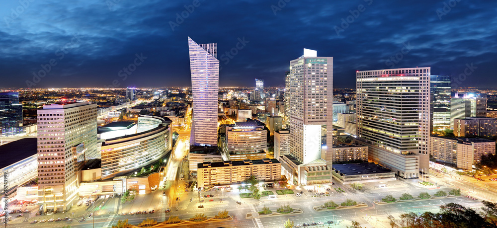 Obraz Panorama centrum Warszawy w nocy, Polska