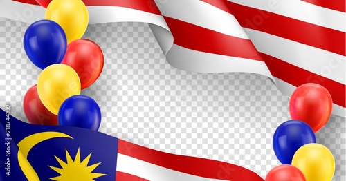 Malaysian patriotic template with copy space. Realistic waving malaysian flag and colorful helium balloons on transparent background. Independence and freedom, democracy and patriotism vector banner