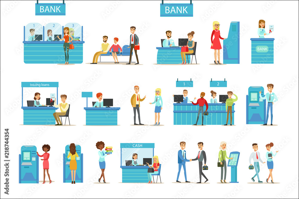 Bank Service Professionals And Clients Different Financial Affairs Consultancy, ATM Cash Manipulation Other Business Set Of Illustrations Bank Service Professionals And Clients Different Financial Affairs Consultancy, ATM Cash Manipulation Other Business Set Of Illustrations