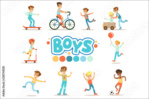 Happy Boys And Their Expected Classic Behavior With Active Games Sport Practices Set Of Traditional Male Kid Role Illustrations