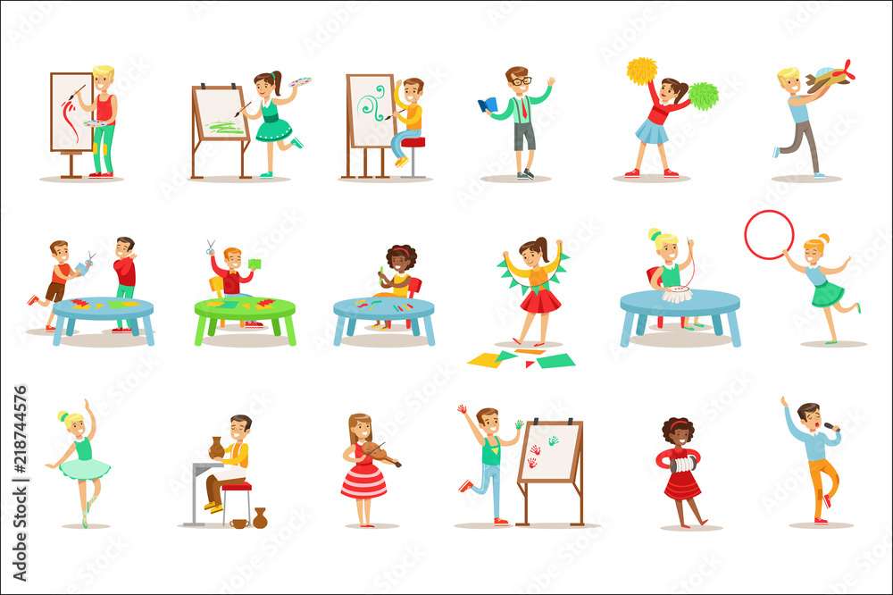 Fototapeta premium Creative Children Practicing Different Arts And Crafts In Art Class And By Themselves Set Of Kids And Creativity Themed Illustrations