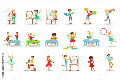 Creative Children Practicing Different Arts And Crafts In Art Class And By Themselves Set Of Kids And Creativity Themed Illustrations