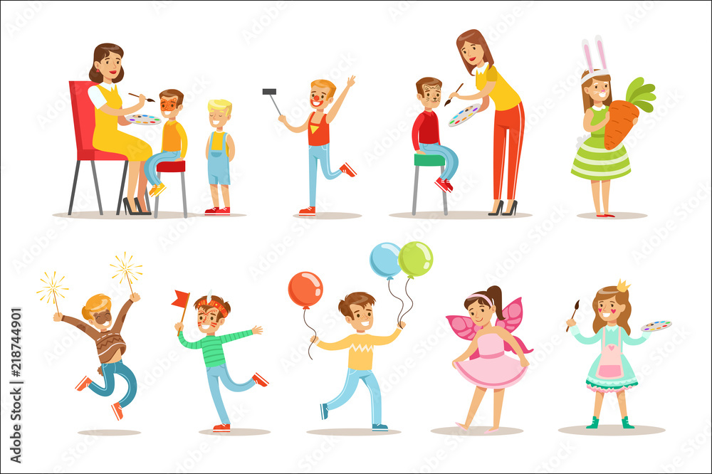 Children In Costume Party Set OF Vector Illustrations With Happy Smiling Kids Having Their Faces Painted And Demonstrating Disguises At Festival Celebration