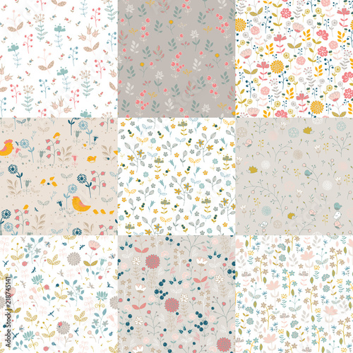 Set of patterns with flowers on a light background. Different flowers and birds, stylized as childrens illustrations. Cute hedgehogs, birds, ladybugs.