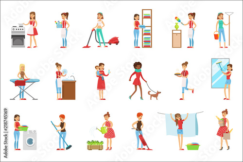 Happy Modern Housewives Cleaning And Housekeeping, Performing Different Household Duties With A Smile