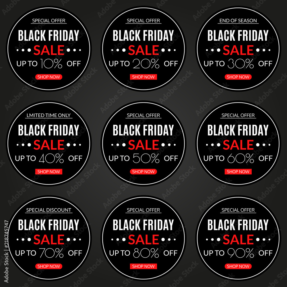 Black Friday sale banner set. 10,20,30,40,50,60,70,80,90% price off. Discount round card or sticker. Special offer, sale poster, flyer, price tag design element. Vector illustration. Black Friday sale banner set. 10,20,30,40,50,60,70,80,90% price off. Discount round card or sticker. Special offer, sale poster, flyer, price tag design element. Vector illustration.