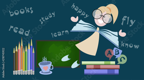 Back to school. Set,collection girl, pencils, books, board, letters and cup with heart. Cartoon character. Isolated objects.