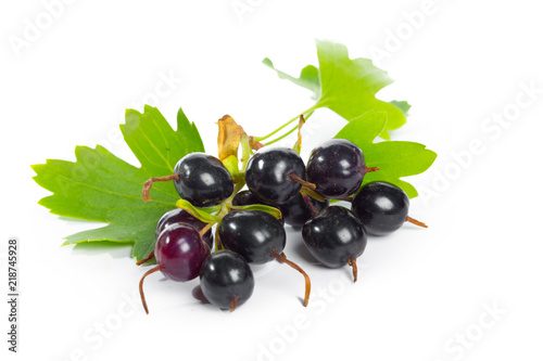 Berries black currant with green leaf. Fresh fruit, isolated on white background.