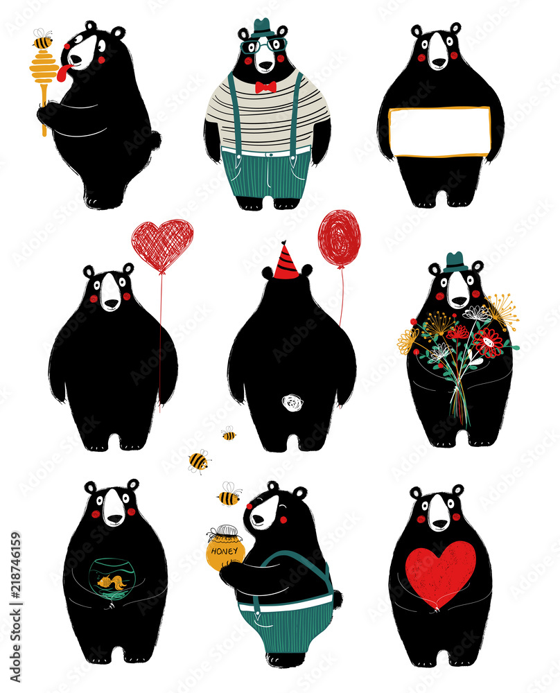 Obraz premium Funny Set With Cute Bear.