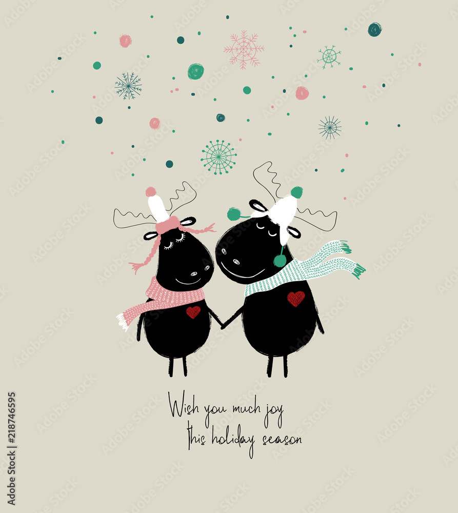 Fototapeta premium Winter Card With Couple Of Cute Moose.