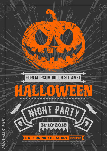 Halloween party invitation with scary pumpkin. Vector illustration.