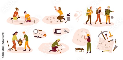 Collection of male and female archaeologists excavating historical artifacts from archaeological site, examining cave paintings, digging ground. Colorful vector illustration in flat cartoon style.