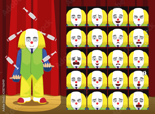 Clown Yellow Hair Juggling Costume Cartoon Emotion faces Vector Illustration