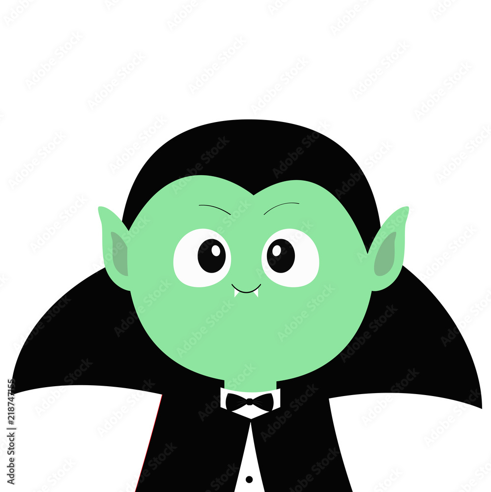 Count Dracula wearing black cape. Cute cartoon funny spooky vampire baby  character. Green face with fangs. Greeting card. Happy Halloween. Flat  design. White background. Isolated. Stock Vector | Adobe Stock