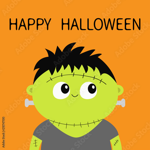 Frankenstein monster. Happy Halloween. Cute cartoon funny spooky baby character. Green head face. Greeting card. Flat design. Orange background. Isolated.
