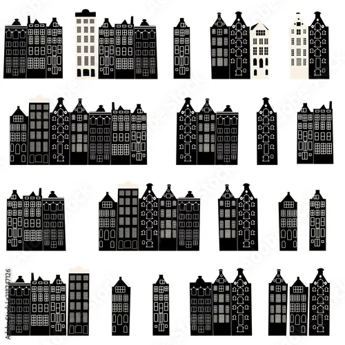 Tapety Wektorowy bezszwowy wzór z starymi kanałów domami w Amsterdam holandie.