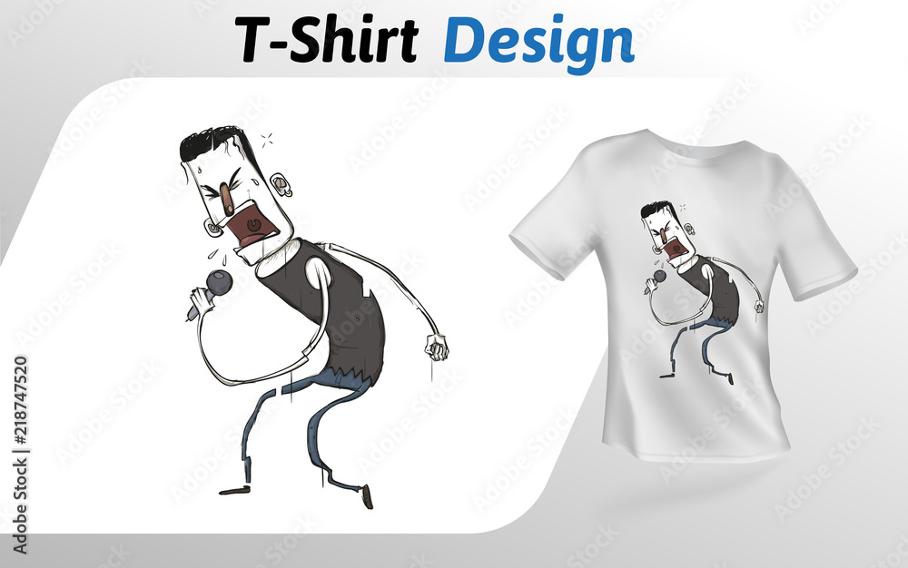 Funny cartoon rock singer with mic, flat t-shirt print. Colorful mock up t-shirt design template. Vector template, isolated on white background. Stock Vector | Adobe Stock Funny cartoon rock singer with mic, flat t-shirt print. Colorful mock up t-shirt design template. Vector template, isolated on white background. Stock Vector | Adobe Stock