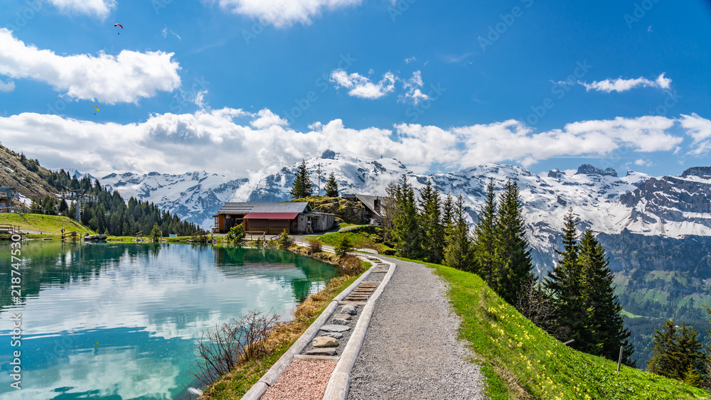 Switzerland, Engelberg buildings and Alps view 