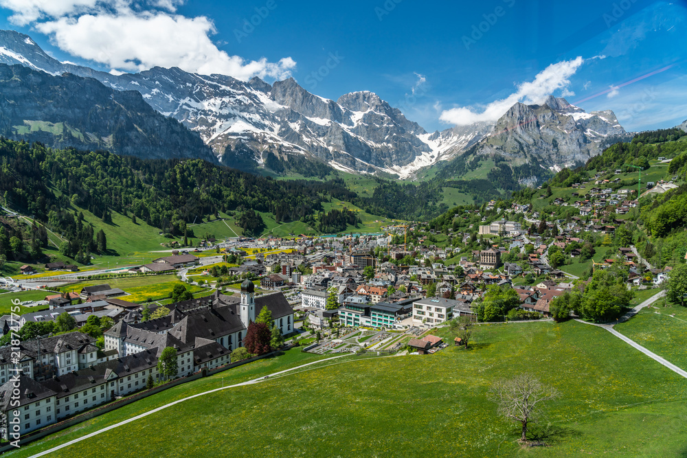 Switzerland, Engelberg buildings and Alps view 