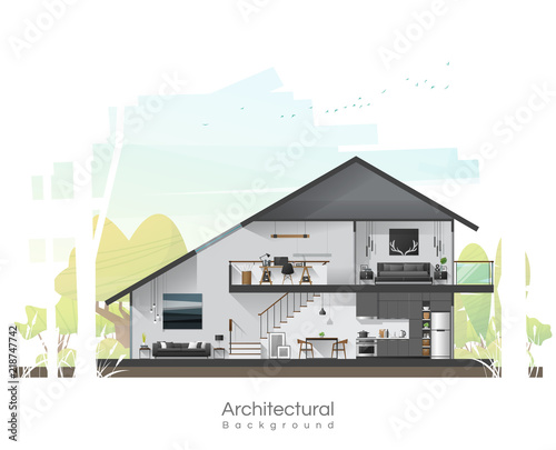 House cross section with furniture and peaceful landscape background , vector , illustration